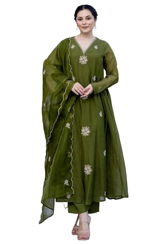 Nermosa Women Embroidery Solid Anarkali Kurta and Pant Set with Du...