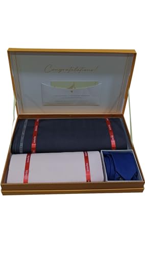 Image of Raymond Fabrics Men's Unstitched 3.25 Meters Suit Fabric Set with Tie, Pocket Square and Shirt Piece (Multicolour, All Weather Fabric,Attractive Box,Premium Fabric)