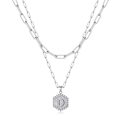 M MOOHAM Silver Plated Layered Initial Necklaces for Women - Cute Letter Initial D Necklace Choker Necklace Silver Plated Layered Necklaces for Women