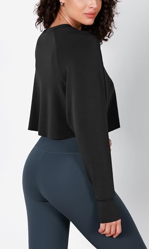 ODODOS Modal Soft Long Sleeve Cropped Sweatshirts with Thumb Hole for Women Crew Neck Pullover Crop Top2