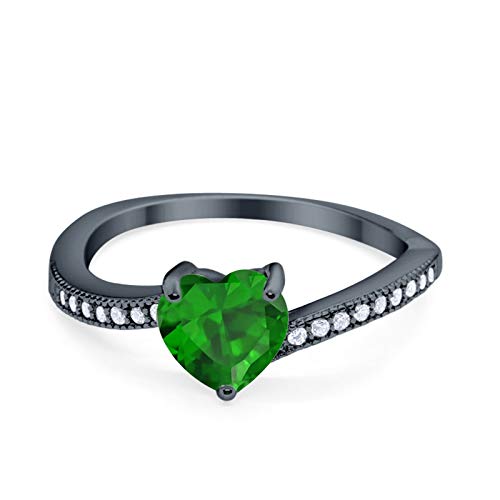 Blue Apple Co. Black Tone, Simulated Green Emerald CZ Size-11 Heart Promise Ring Heart Round Simulated Cubic Zirconia 925 Sterling Silver