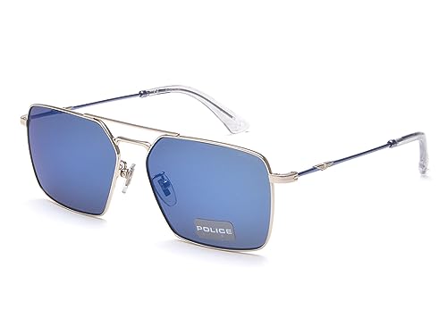 Image of Police Eyewear | Blue Lens | Silver Frame | Full Rim Square Shape Branded and Stylish Sunglasses | 100% UV Protection | Mens Sunglasses| Size Large | SPLL07K59579BSG