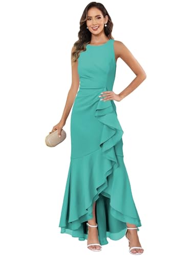 OFEYCHUN Chiffon Plus Size Mother of The Bride Dresses High Low Turquoise Sleeveless Evening Party Gown Size 18W