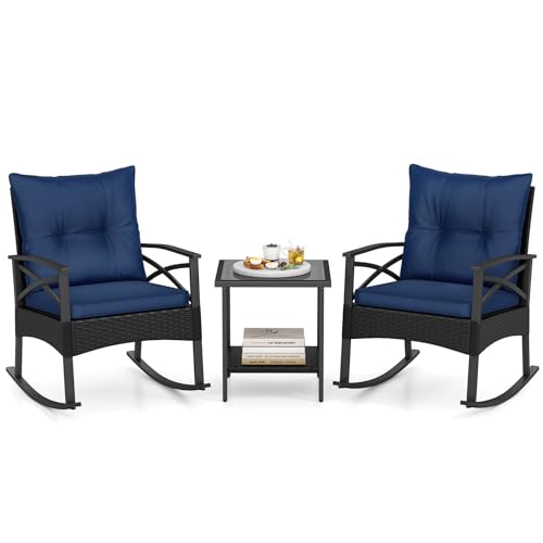 Image of Tangkula 3 Pieces Wicker Outdoor Rocking Chairs Set | Heavy Duty | Cushioned | Rattan Rocker Bistro Set w / 2-Tier Tempered Glass Coffee Table for Garden, Balcony, Backyard