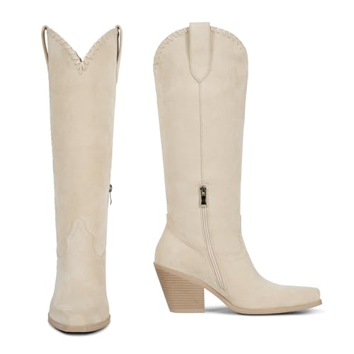 Image of wetkiss Women's Knee High Cowboy Boots | Western Cowgirl, Embroidered Pointed Toe, PU Leather, Chunky Heel, Pull On Tall