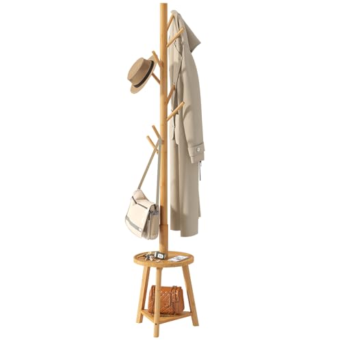 BMOSU Coat Rack freestanding Stand with 2 Shelves Bamboo Wooden Coat Tree Easy Assembly 8 Hooks Standing Jackets Hanger Hallway Office Floor Coat Stand Nature