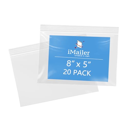 iMailer - 8" x 5" 20 Pack - 2 Mil Resealable Zip Bags - Clear Plastic Bags with Zip Top Lock for Storage, Organizing, Crafts, Travel