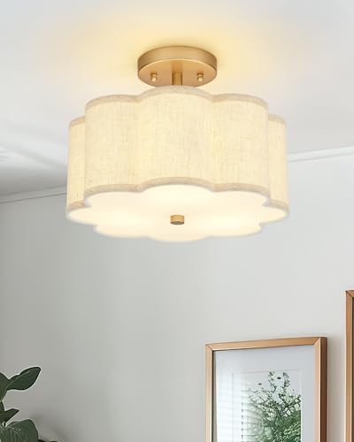 Image of Gold Semi Flush Mount Ceiling Lights, 3-Light 12.5 inch Light Fixtures Ceiling Mount with Linen Fabric Drum Shade in Flower Shape for Nursery Hallway Bedroom Kitchen, AD-22007-3SF-GD-B