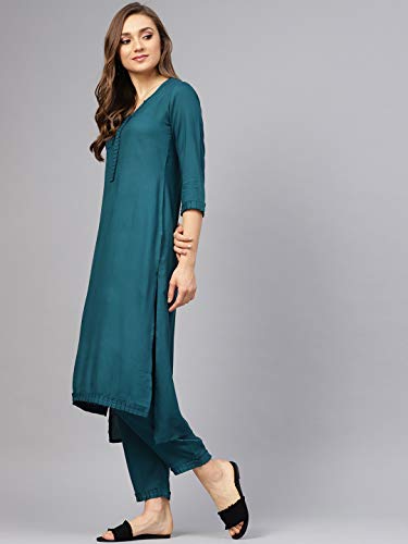 Image of idaLia Rayon Solid Straight Kurta with Pant Set - Women Kurta Set for Wedding, Formal Occasions - 3 /4 Sleeve, Calf Length, Round V Neck, Fusion Wear