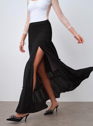 Womens Slit Flowy Boho Maxi Skirt Summer Trendy Shirred High Waisted Ruffle Tiered Beach Long Skirts3