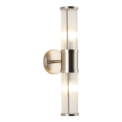 Image of Brushed Nickel Wall Sconce with Glass Rods - Modern Industrial Vanity Light Fixture, E12 Candelabra Base for Bathroom, Bedroom & Hallway (Bulbs Not Included)