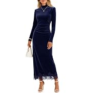 MEROKEETY Women's Long Sleeve Velvet Lace Wedding Guest Cocktail Dress Fall Mock Neck Ruched Back...
