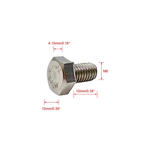 Image of M6 Hex Bolt, M6-1.0 x 10 mm Hex Head Screw Bolts, 304 Stainless Steel, Fully Threaded, Plain Finish, Hex Tap Bolts 25 PCS (M6x10mm)