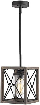 zeyu 1-Light Farmhouse Pendant Light, Vintage Cage Hanging Light with Clear Glass Shade in Wood and Black Finish, 011-1 WF/BK