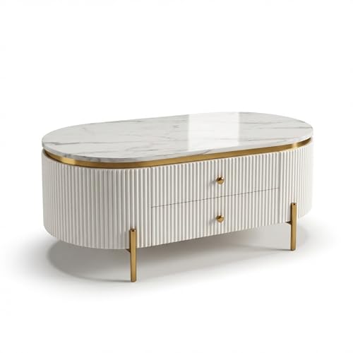 Image of Tesla Centre Table, White Marble Top with Gold Trim, Oval Modern Coffee Table with 2 Drawer Storage, Waterproof Plywood Base, PVD Metal Legs, for Living Room (White)