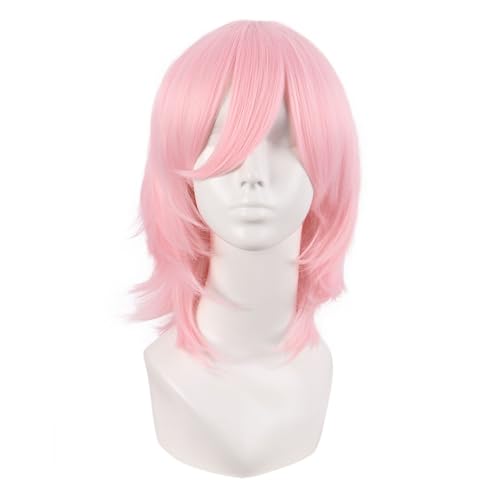 MapofBeauty 14 Inch Short Wolf Tail Side Bangs Party Wig, Pink White