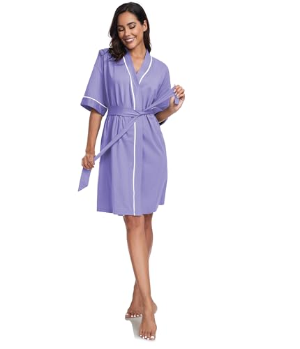 Image of ANLIQI Womens 100% Cotton Robes Lightweight Summer Short Sleeve Lady Bathrobe Knee Length Kimono Robe Sleepwear with Pockets