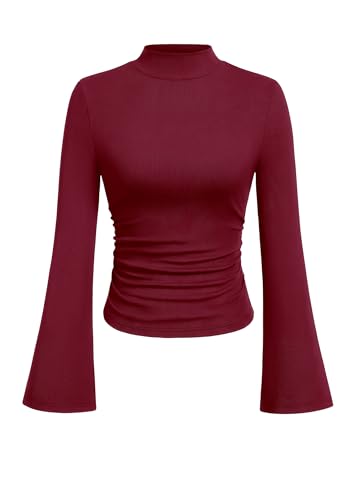 PRETTYGARDEN Womens Long Bell Sleeve Mock Neck Ribbed Tops (Wine Red,XXL)