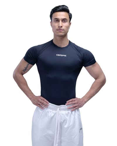 Image of COITONIC Men's Half Sleeve Compression T-Shirt - Athletic Base Layer for Gym, Sports & Fitness Training