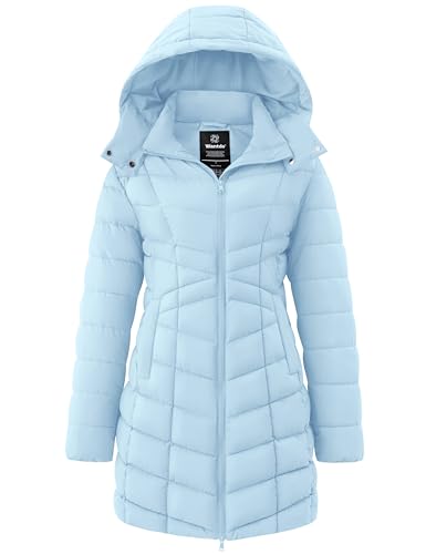 wantdo Women's Long Winter Coat Soft Windproof Puffer Jacket Waterproof Snow Coats(Light Blue,Medium)