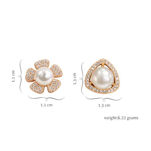 Image of Nilu's Collection Rose Gold Plated Triangular Design Pearl Stud Earrings With American Diamond for Women And Girls | Gift For Her | Anti- Allergy |Anti-Tarnish | Office Wear