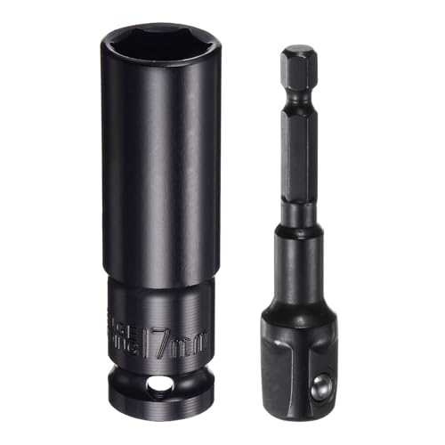 sourcing map 1/2 Drive 17mm 6-Point Deep Sockets 3 Length with 1/2 to 1/4 Hex Shank Adapters Phosphate Coated, CR-V Steel Socket Adapter Accessory Set Kit for Hex Bolts Nuts