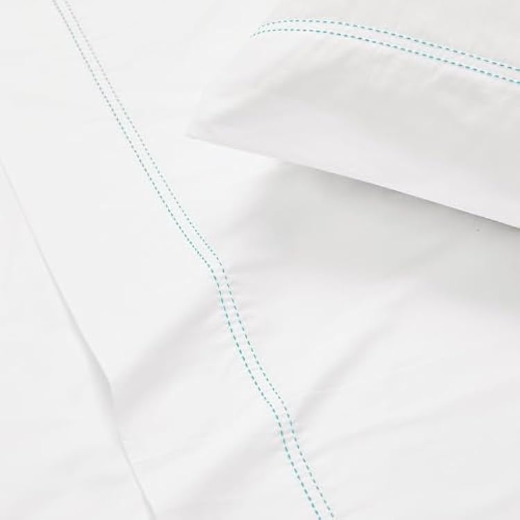SCOUT 100% Cotton 200 Thread Count Percale Pick Stitch White/Seafoam 4-Piece King Sheet Set, Solid Themed, Adult Bedding, Oeko-TEX Certified
