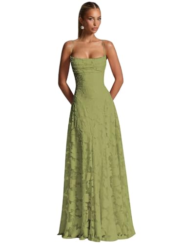 OFEYCHUN Floral Olive Green Bridesmaid Dresses for Women Long Simple Spaghetti Strap Backless Formal Evening Gowns Size 6