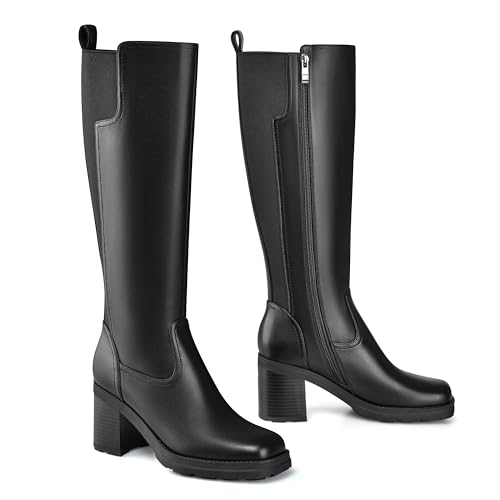 Knee High Boots Women, Stretch Calf Platform Lug Sole Long Boots, Square Toe Chunky Heel Tall Boots with side Zipper4