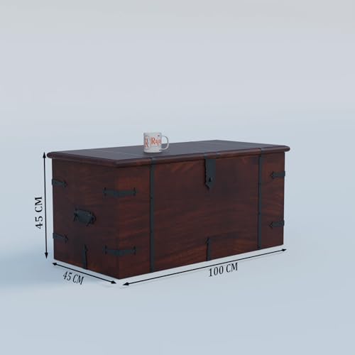 Image of Solid Sheesham Wood Trunk Box For Storage Wooden Center Coffee Table for Living Room Decor | Multipurpose Wooden Center Table With Storage Box Cabinet with Iron Fittings | Walnut Finish