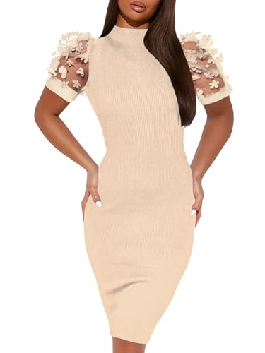 Image of Annystore Women's Mesh See Through Sheer Dress Short Puff Sleeve Bodycon Dress Mock Neck Sexy Club Party Midi Dress Clubwear