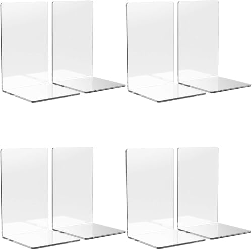 WUWEOT 8 Pack Acrylic Bookends, Clear Book Stopper Desktop Organizer for Books, Notebooks, CDs, Perfect for Bedroom Shelf Library School Office, 7.2×4.8×4.8 Inch