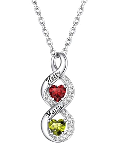 Custom4U Silver Birthstone Necklace for Women Personalized Infinity Necklace with 2 Birthstones and Names Engraved Heart Pendant Jewelry for Birthday Gifts