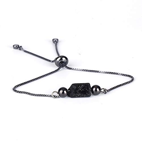 Ochoos Natutal Raw Rough Black Tourmaline Beads 6mm Round Hematite Yellow Tiger Eye Adjustable Healing Stone Link Bracelets for Women - (Metal Color: Hematite Black Chain)