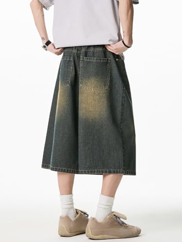 Men's Wide Leg Vintage Denim Shorts with Elastic Waistband Y2K Harajuku Fashion Loose Baggy Grunge Denim Bottoms (Vintage Blue,Large) — view 6