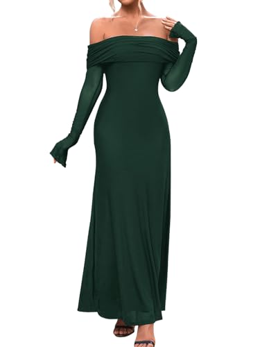 KUTUMAI Women Off Shoulder Bodycon Maxi Dress Long Sleeve Mesh Ruched Party Formal Wedding Guest Dresses DarkGreen M