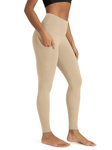 ODODOS Women's High Waisted Full Length Yoga Leggings with Pockets, 28" Inseam Tummy Control Non See Through Workout Athletic Running Yoga Pants, Beige, Large