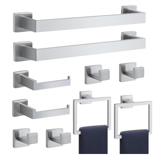 Acessórios de banheiro Conjunto de barra de toalha: 10 peças de ferragens de banheiro quadrado de prata escovada SUS304 aço inoxidável - Toalheiro montado na parede e suporte de papel higiênico e anel