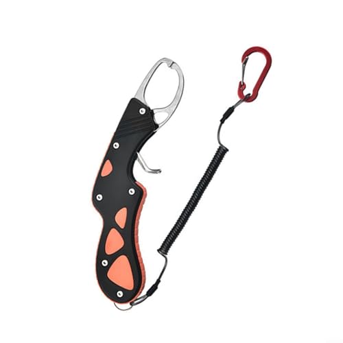 Alicates de pesca ligeros con mango ergonómico y reinicio de resorte para pescadores, herramienta compacta de PVE con cordón para captura de graves (naranja y negro)
