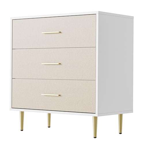 GAOMON White Dresser with Gold Handles,3-Drawer Wooden Nightstand & Narrow Accent Cabinet,Linen-Textured Modern Chest of Drawers for Living Room, Bedr