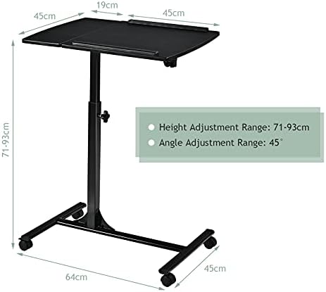 CASART Mobile Laptop Table, Height Adjustable Computer Desk with Rolling Casters & Tilting Desktop, Laptop Cart Stand Sofa Overbed Table for Living Room, Bedroom and Office (Black)