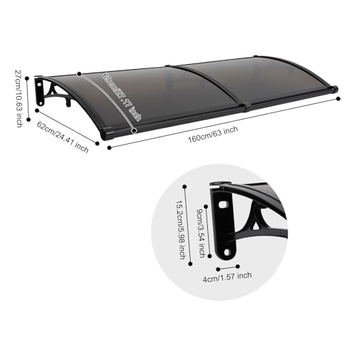 Seoqudcty Window Door Awning Canopy, Aluminum Bracket Polycarbonate Board, Front Doors/Windows Overhang Awning for Sun Shutter, UV, Rain, Snow Protection Solid Sheet, Black+ Tea (62.99 * 27.17in) - Thumbnail 5