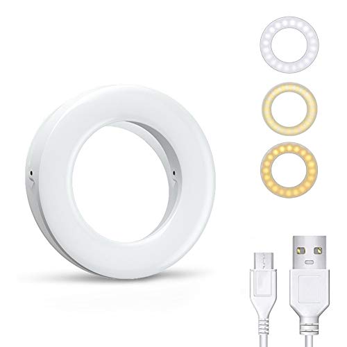 Sucastle Selfie Light Ring 3 Modes d'éclairage Rechargeable Clip éclairage d'appoint réglable Luminosité téléphone Caméra lumière Cercle for iPhone X XR XsMax 11 Pro Android iPad. (Color : White) Cover