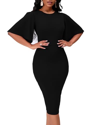 Womens Basic Bodycon Ruffle Flared Short Sleeve Pencil Midi Dress3