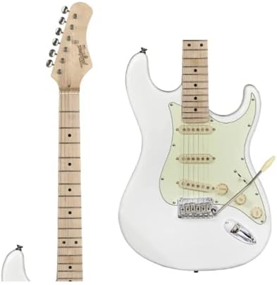 Detalhes do braço e corpo da guitarra Tagima Strato T-635 branca com escala clara