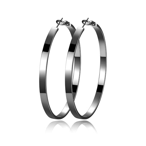 EXGOX 4MM Wide Silver Hoop Earrings for Women Sterling Silver Large Hoop Earrings 14K Real Gold Plated Hoop Earrings Hypoallergenic 925 Silver Big Hoop Earrings for Women (30/40/50/60/70mm)
