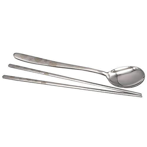Supia Korean Traditional Cutlery Stainless Steel Spoons And Chopsticks Set Tableware With Long-Hand, Reusable (Silver Flower) #TOP6