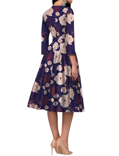 Image of Simple Flavor Women's Floral Vintage Dress Elegant Midi Evening Dress 3 /4 Sleeves