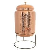 Indian Art Villa Copper Hammered Design Joint Proof Water Pot/Dispenser/Container/Matka/Tank with Brass Stand, Tap & Knob, for Storage & Serving Water, Volume- 608 Oz