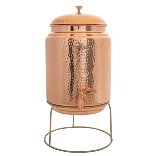 Indian Art Villa Copper Hammered Design Joint Proof Water Pot/Dispenser/Container/Matka/Tank with Brass Stand, Tap & Knob, for Storage & Serving Water, Volume- 608 Oz